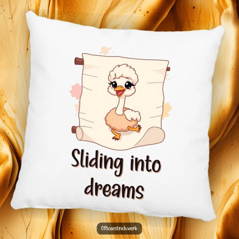 Funny ostrich sliding down a paper scroll, this soft pillow offers comfort and a touch of humorous escapism.