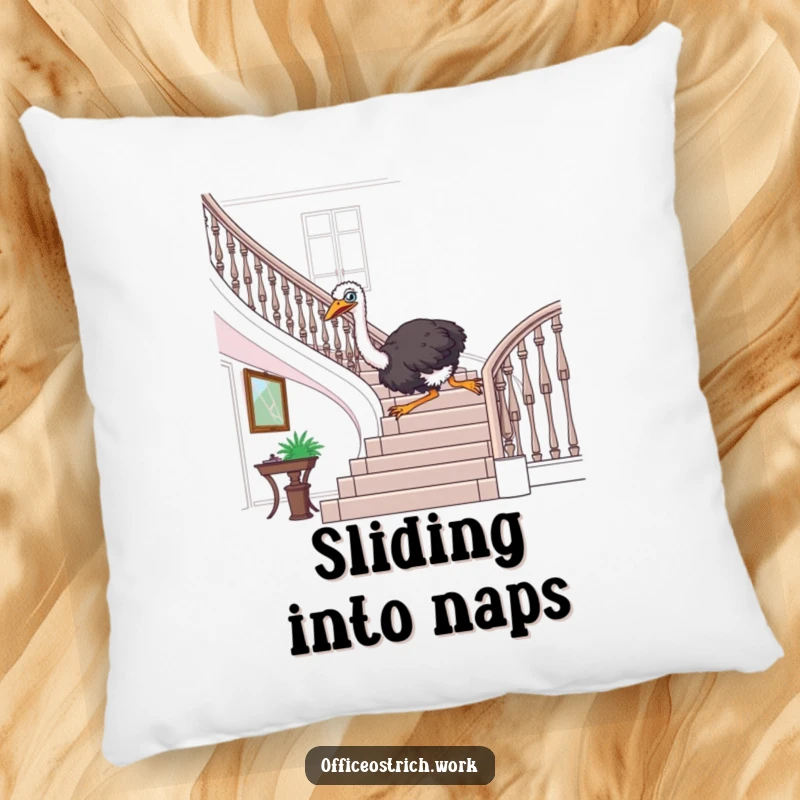 Funny ostrich mid-slide down a banister on a plush pillow, bringing comfort and amusement to any room.