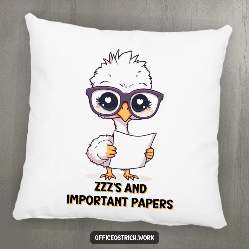 Funny pillow featuring an ostrich wearing oversized glasses, studying a document, perfect for a cozy and intellectual ambiance.