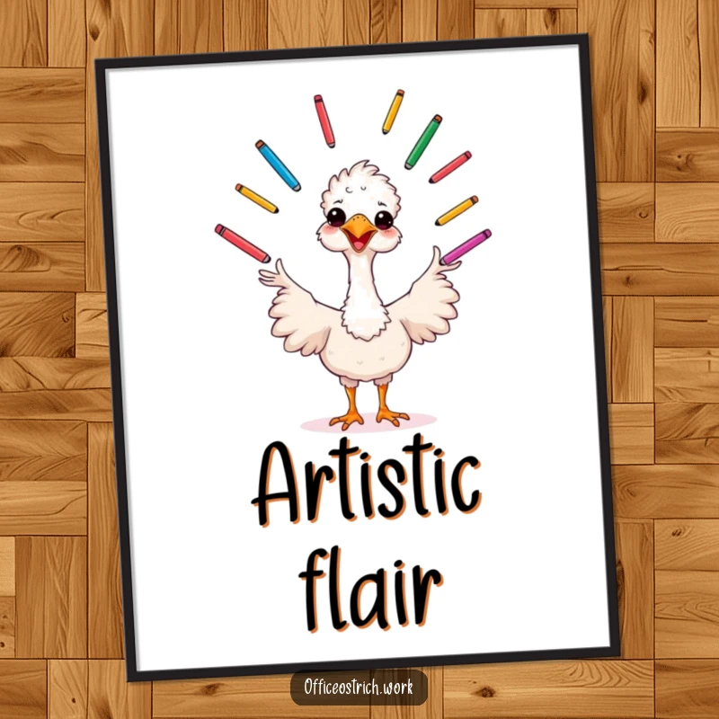 Funny cheerful ostrich juggling colorful pens, this digital art print is a vibrant burst of creative humor.