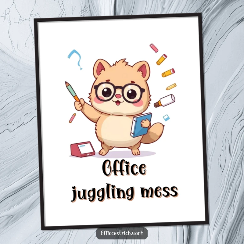 Funny fuzzy round animal character juggling oversized office supplies, presented as a high-resolution digital art print. Hilarious and eye-catching.
