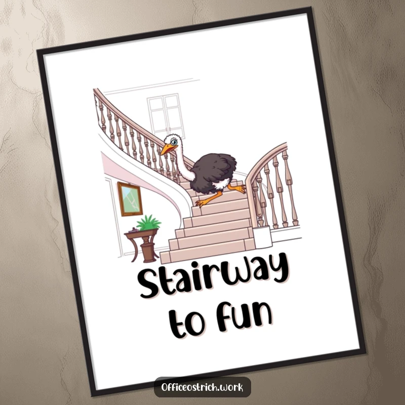 Funny ostrich joyfully sliding down a grand office banister in a vibrant digital art print, full of energy.