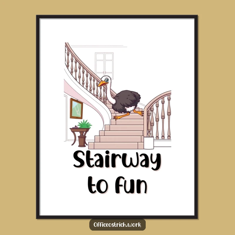 Funny Ostrich Banister Thrill Digital Print - Hilarious Office Art Gift for Instant Joy