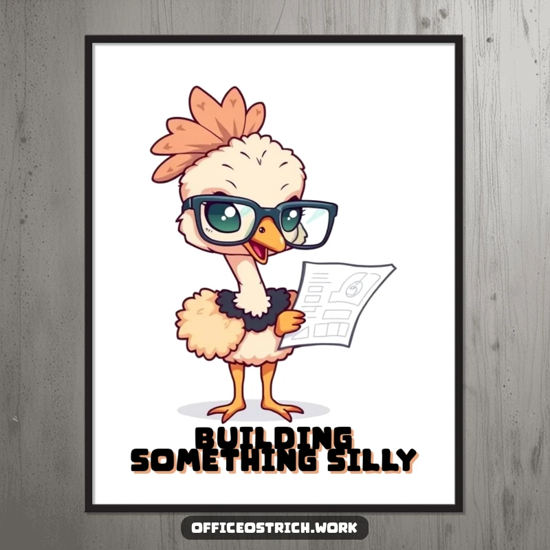 Funny ostrich wearing oversized glasses, intently studying a blueprint in a humorous digital art print.