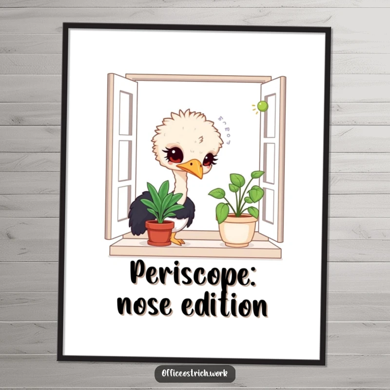 Funny digital art print of a curious ostrich character sniffing a potted plant, capturing a moment of gentle exploration.