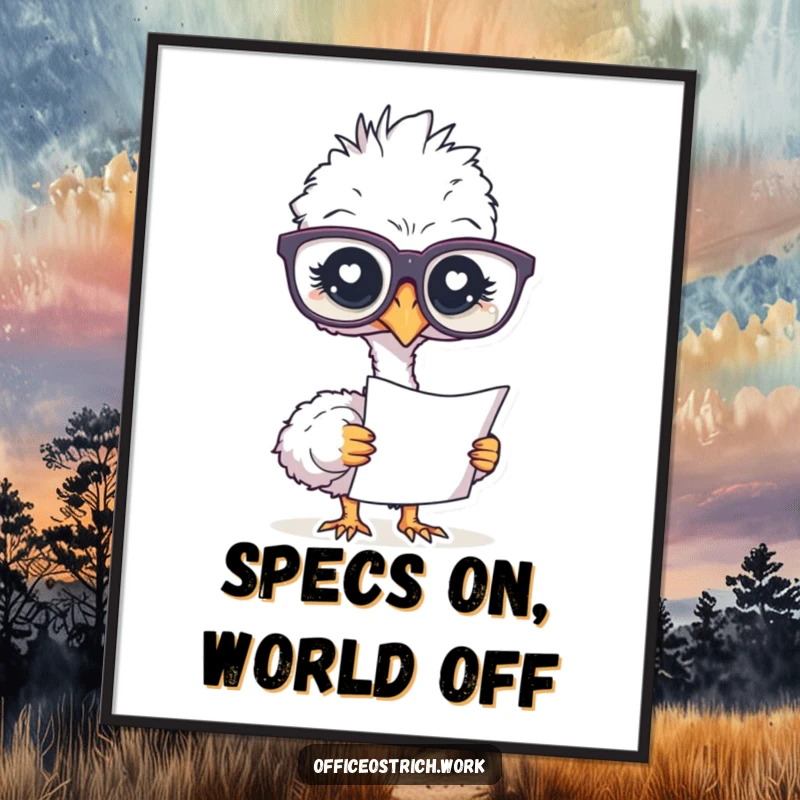 Funny digital art print of an ostrich in oversized glasses, intently studying a document, conveying intellectual humor.