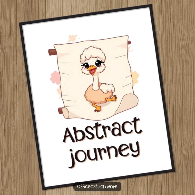 Funny ostrich sliding down an abstract scroll, this digital art print brings whimsical humor and joy.