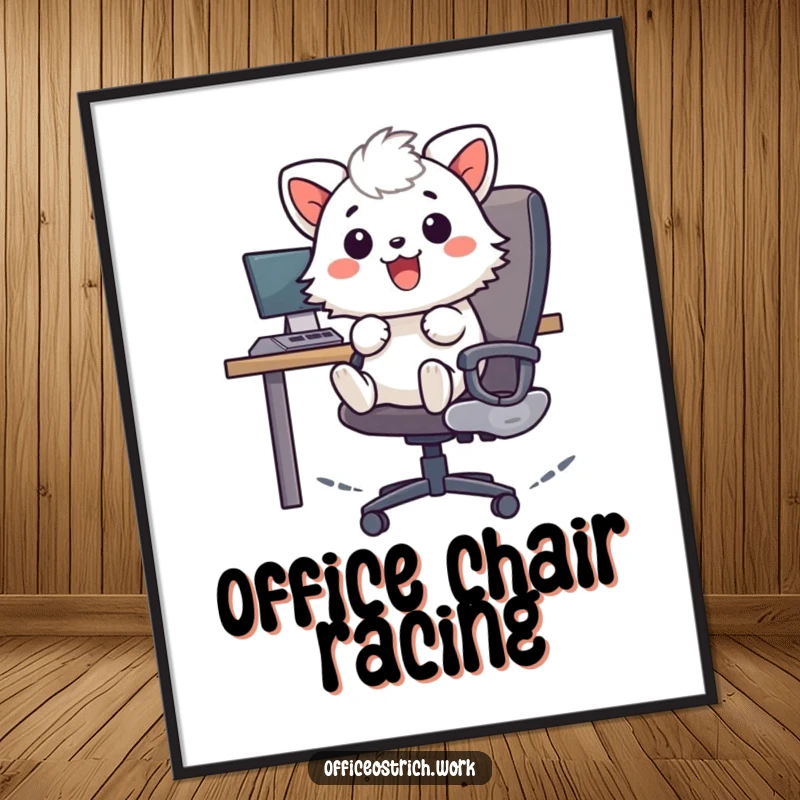 Funny cheerful fuzzy round animal character zooming rapidly on an office chair, presented as a high-resolution digital art print. Dynamic and humorous.