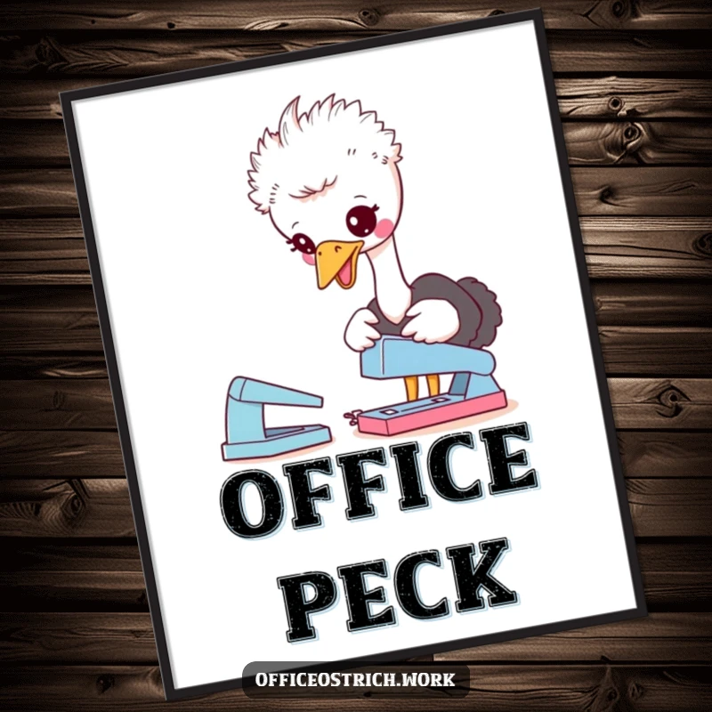 Funny digital art print of a cute ostrich character playfully pecking at a desk stapler, perfect for adding instant humorous office decor.