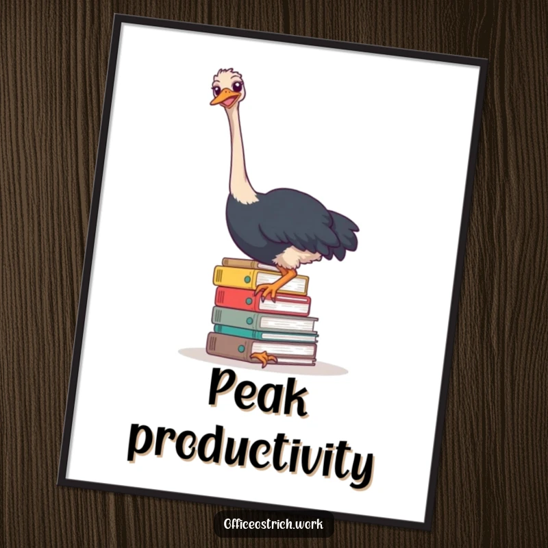 Funny ostrich engulfed by a mountain of office files, depicted in a hilarious digital art print for walls.