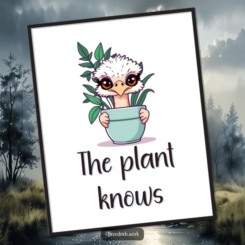 Funny ostrich with mischievous eyes peeking from behind a potted plant in a humorous digital art print.
