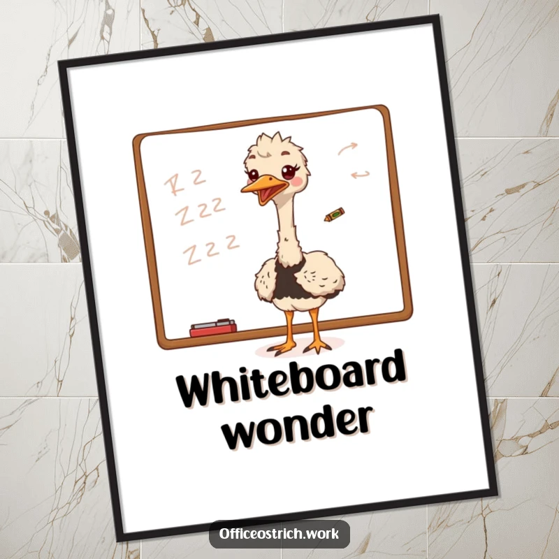 Funny ostrich excitedly scribbling on a whiteboard with a tiny crayon, conveying artistic passion on this digital art print.