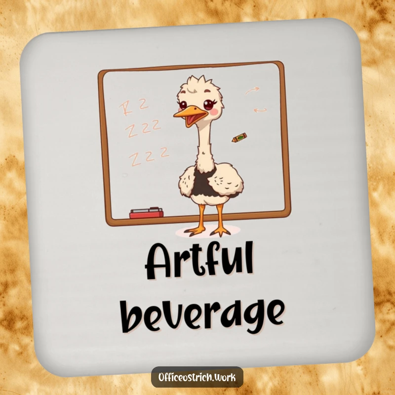 Funny ostrich excitedly scribbling on a whiteboard with a tiny crayon, adding creative humor to this coaster set.