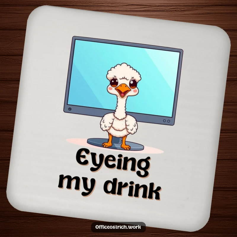 Funny kawaii ostrich peeking from behind a drink coaster, adding a touch of office humor to tabletops.