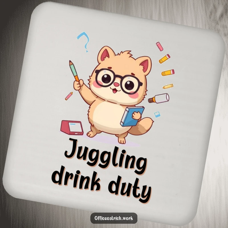 Funny fuzzy round animal character juggling oversized office supplies on a protective drink coaster. Adds humor and personality to any surface.