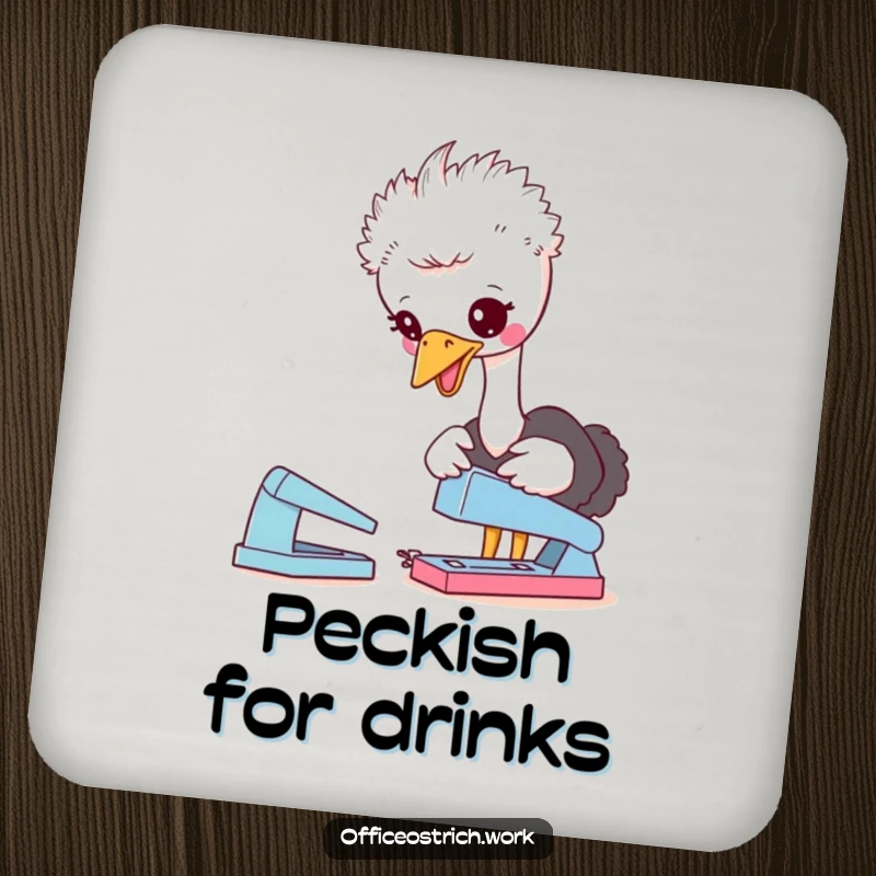 Funny coaster featuring a cute ostrich character playfully pecking at a desk stapler, adding a humorous and office-themed touch to tables.