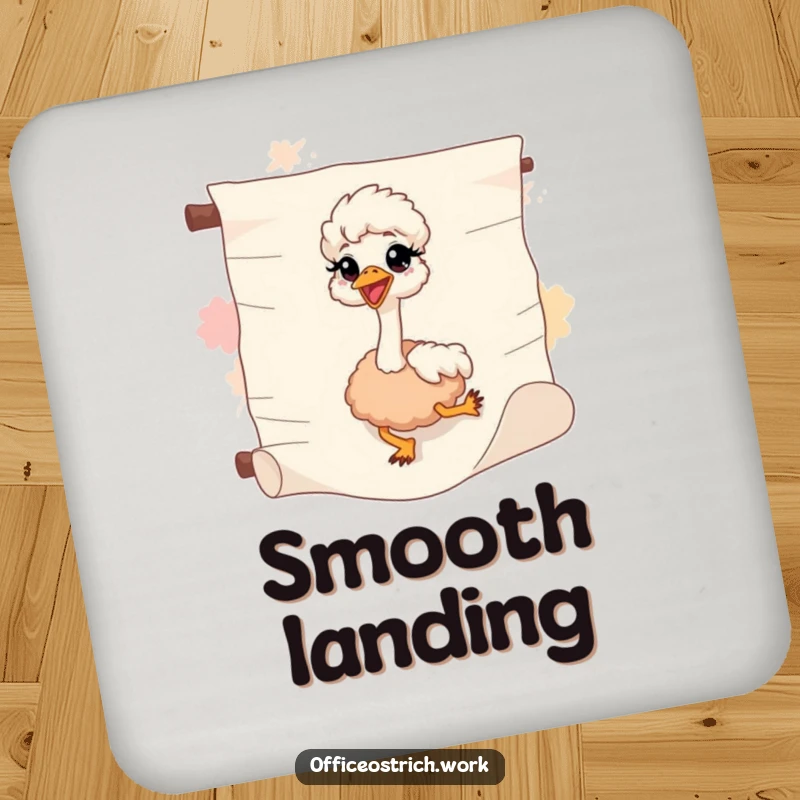Funny ostrich sliding down a scroll on a coaster, adding whimsical humor to tabletops.