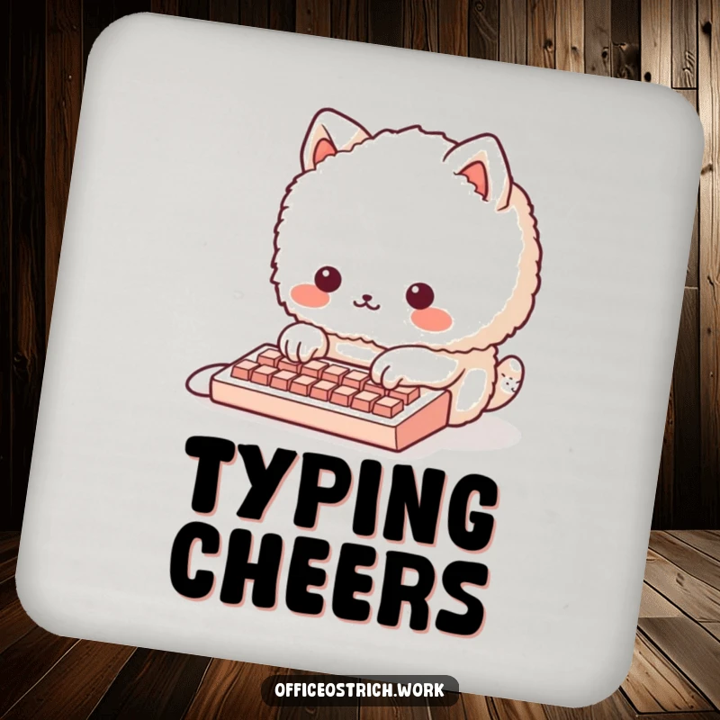 Funny fluffy round animal character struggling with a tiny keyboard on a protective drink coaster. Adds humor and tech flair to any surface.