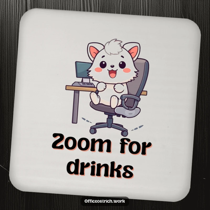 Funny cheerful fuzzy round animal character zooming on an office chair on a protective drink coaster. Adds humor and dynamism to any surface.