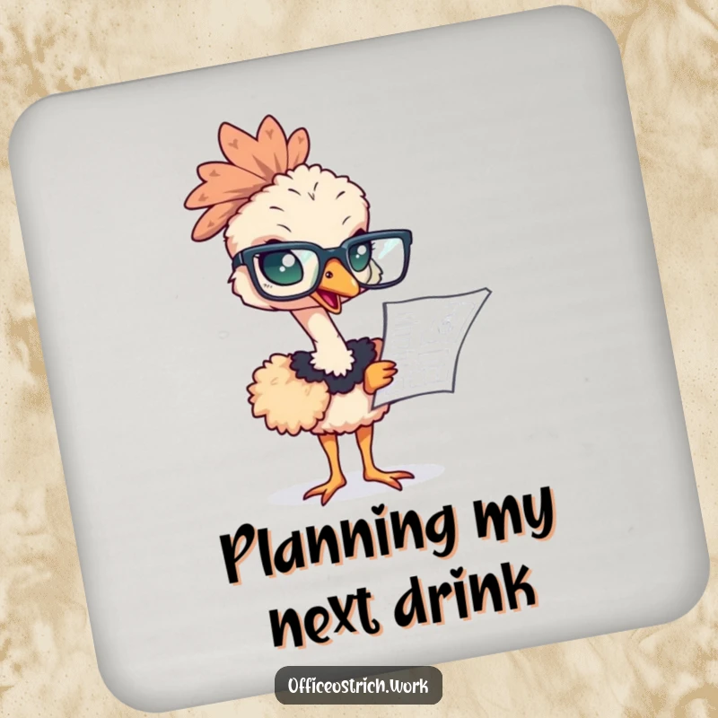 Funny ostrich wearing oversized glasses, studying a blueprint on a drink coaster, adding intellectual humor.