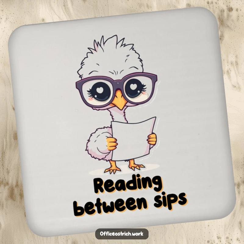 Funny coaster featuring an ostrich wearing oversized glasses, looking at a document, adding a smart touch to your decor.