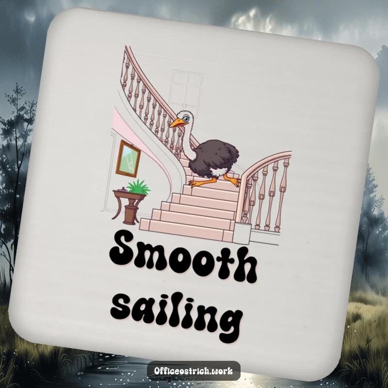 Funny ostrich sliding down an office banister on a drink coaster, adding a humorous flair to surface protection.