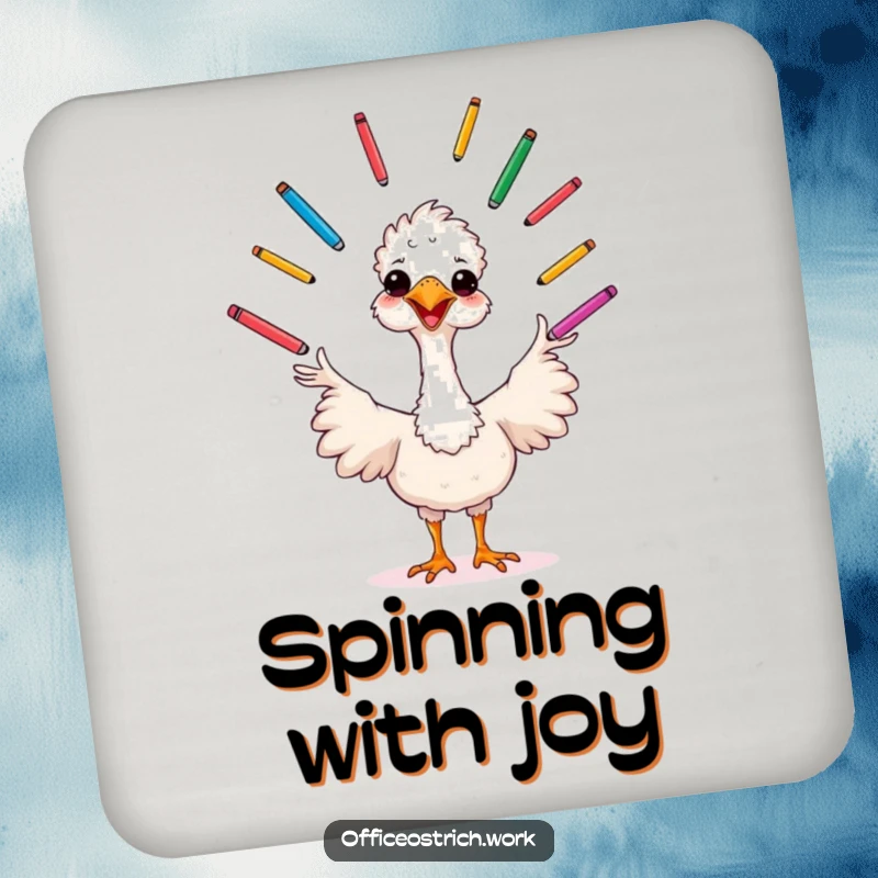 Funny cheerful ostrich juggling pens, this coaster adds a splash of artistic humor to tabletops.