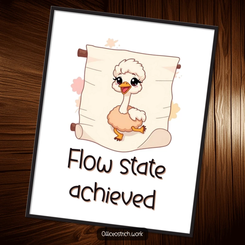 Funny ostrich sliding down an abstract scroll on a poster, bringing whimsical joy and humor.