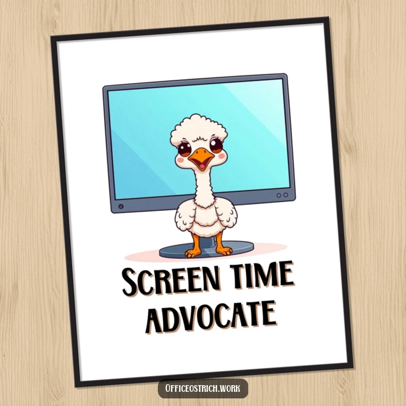 Funny kawaii ostrich peeking out from behind a large monitor, adding whimsical office humor to wall art.