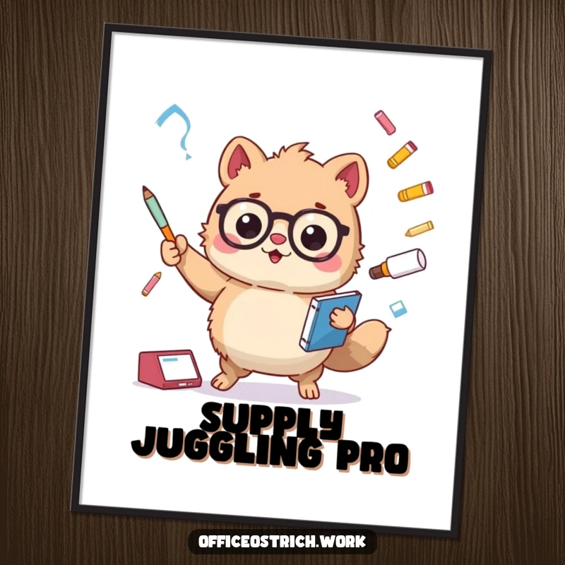 Funny fuzzy round animal character juggling oversized office supplies like a stapler and pens, as humorous wall art. Eye-catching and amusing.