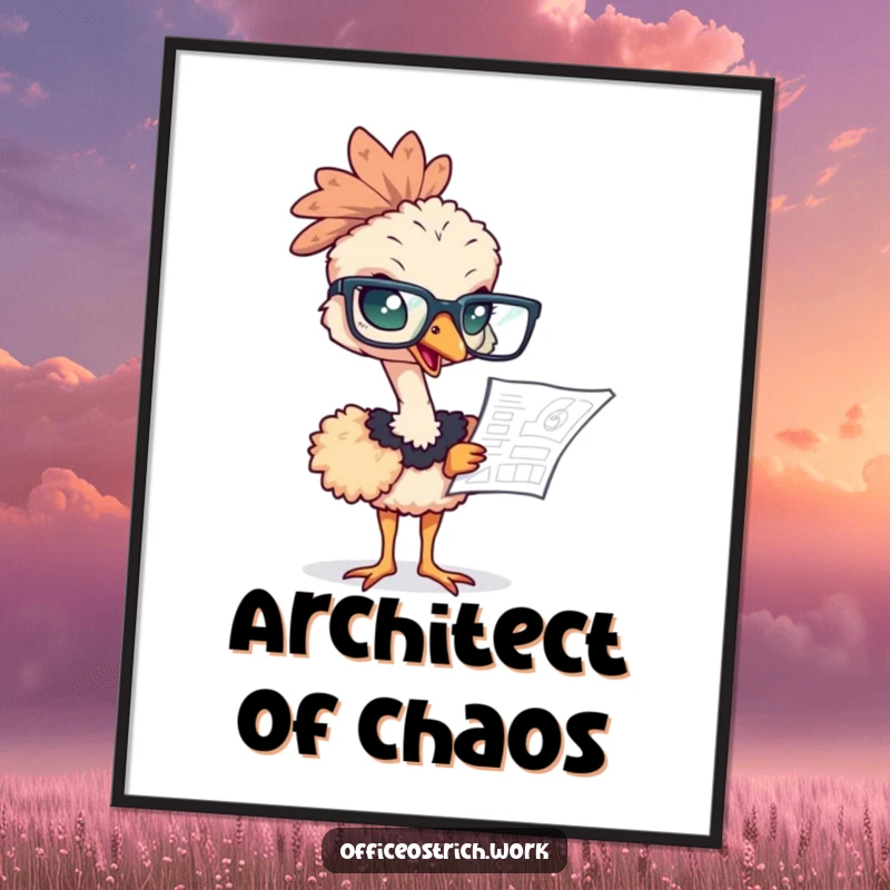 Funny ostrich with large glasses intensely examining a blueprint on this humorous office wall art poster.