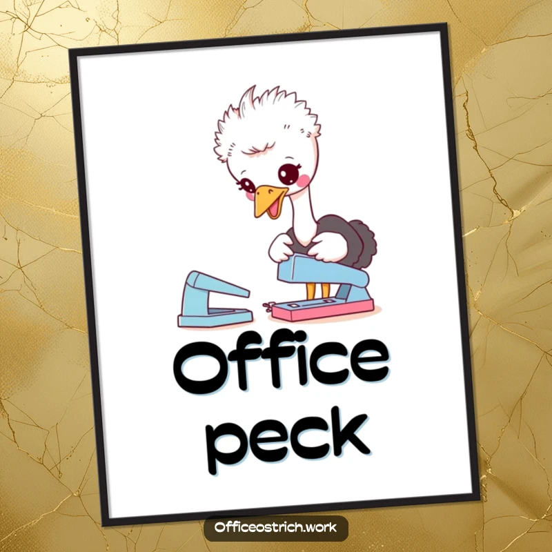 Funny poster art featuring a cute ostrich character curiously pecking at a stapler on an office desk, adding whimsical humor to walls.