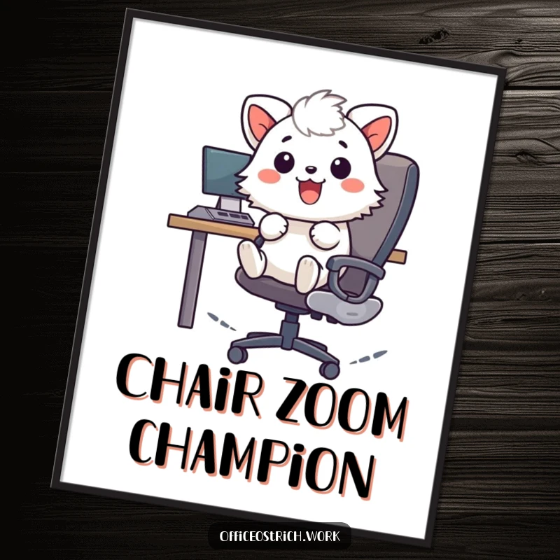 Funny cheerful fuzzy round animal character zooming rapidly on an office chair, depicted as vibrant wall art. Dynamic and humorous.