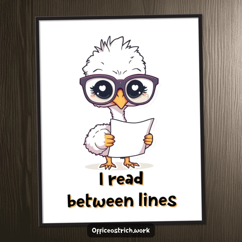 Funny poster of an ostrich in large glasses, looking seriously at a document, conveying a humorous intellectual vibe.