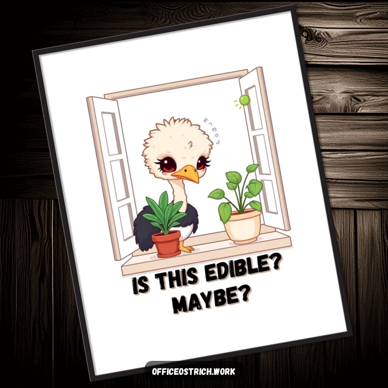 Funny poster of a curious ostrich character deeply engrossed in sniffing a potted plant on a windowsill, full of intrigue.