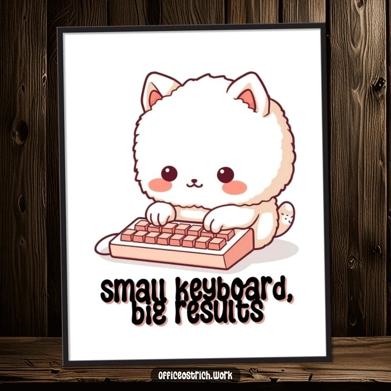 Funny fluffy round animal character humorously attempting to type on a miniature keyboard, as wall art. Amusing and tech-themed.