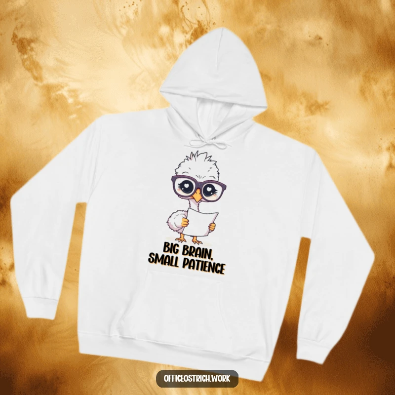 Funny hoodie featuring an ostrich in oversized glasses, studying a document with a comical, studious expression.