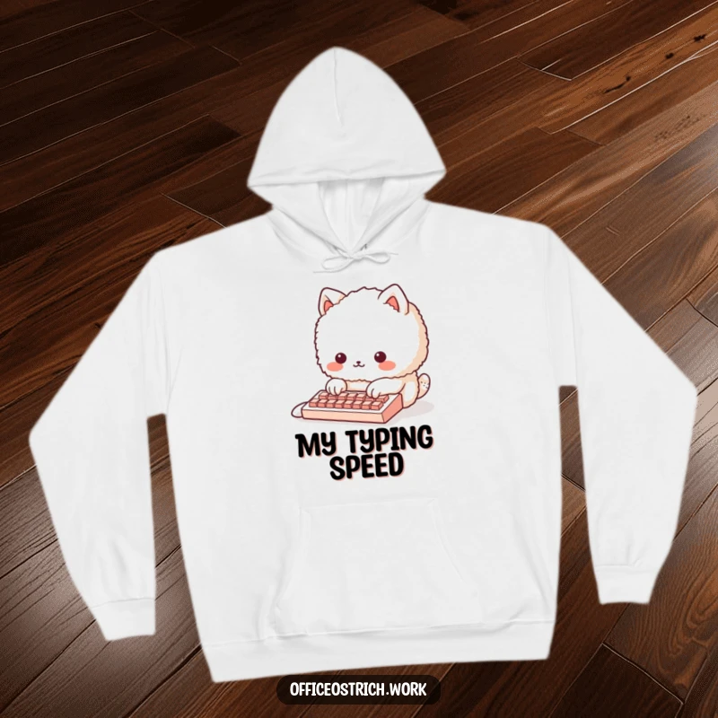 Funny fluffy round animal character attempting to use a tiny keyboard on a soft and warm hoodie. Cozy and amusing tech humor.
