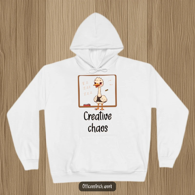 Funny ostrich excitedly scribbling on a whiteboard with a tiny crayon, perfect for cozy creative sessions on this hoodie.