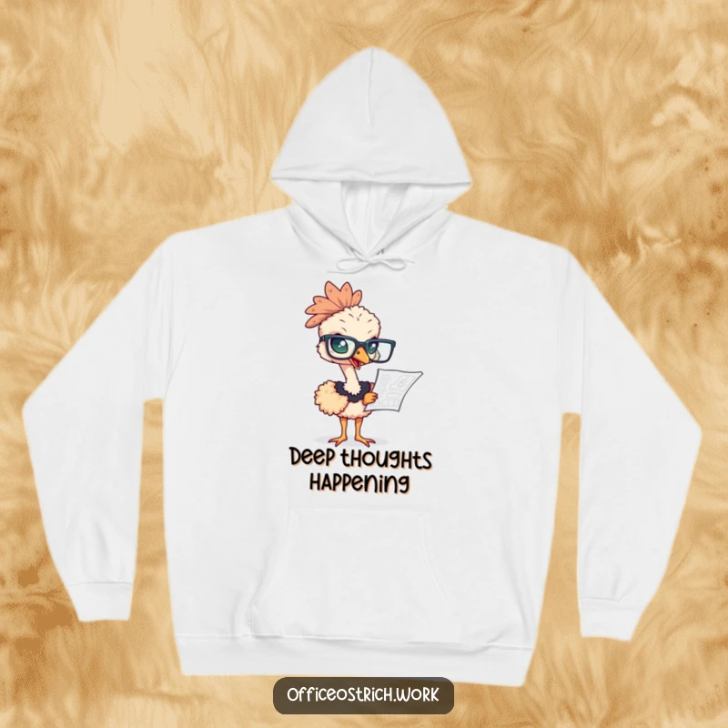 Funny ostrich wearing oversized glasses, intently studying a blueprint while wearing a cozy hoodie.