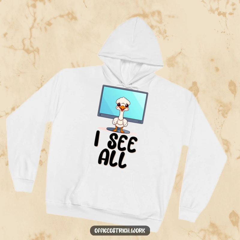 Funny kawaii ostrich peeking over a computer screen embodies office fun and comfort in this cozy hoodie.