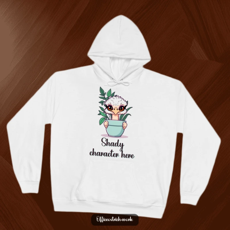 Funny ostrich hiding behind a potted plant on a cozy hoodie, its mischievous eyes suggesting playful secrets.