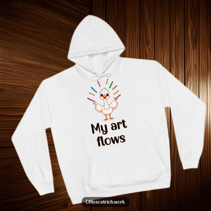 Funny cheerful ostrich juggling pens in a cozy hoodie, radiating creativity and warmth.