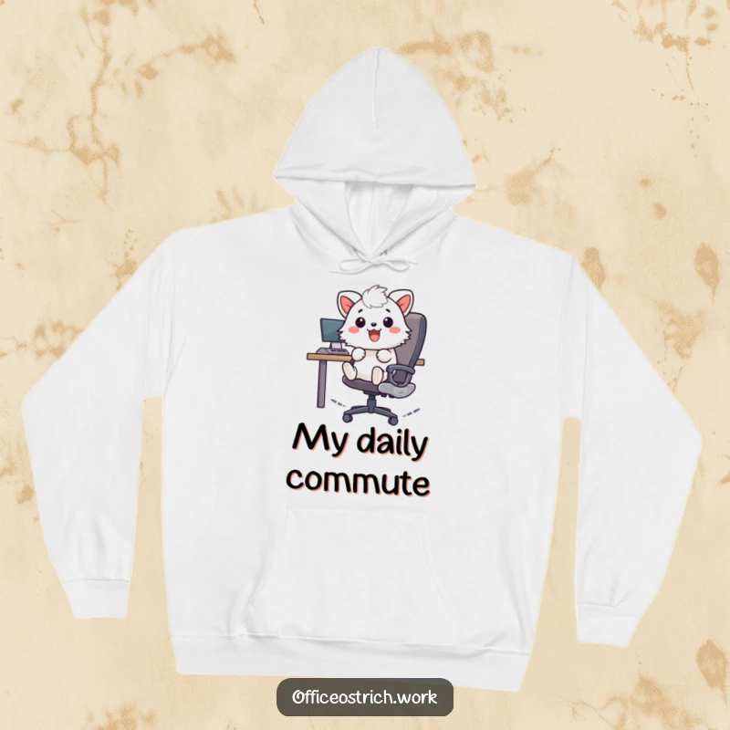 Funny cheerful fuzzy round animal character zooming around on an office chair, showcased on a soft and warm hoodie. Cozy and energetic humor.