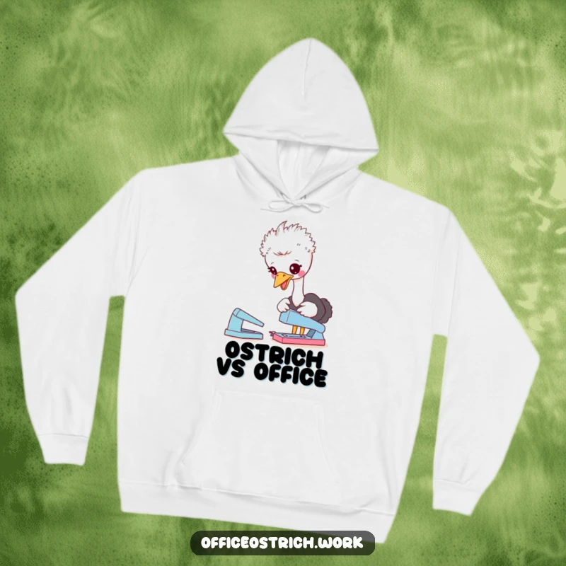 Funny hoodie featuring a cute ostrich character playfully pecking at a stapler, ideal for comfortable wear with a touch of office humor.