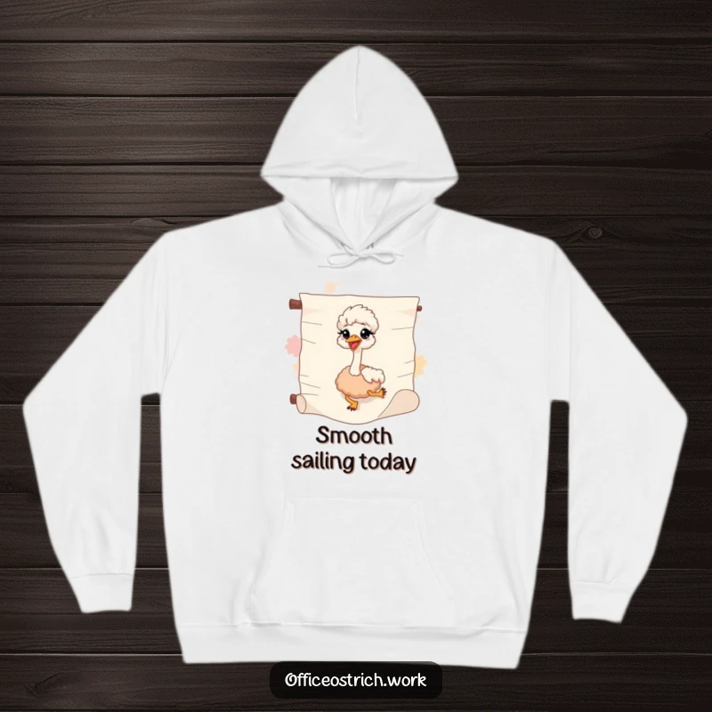 Funny ostrich sliding down a paper scroll in a cozy hoodie, representing fun and relaxation.