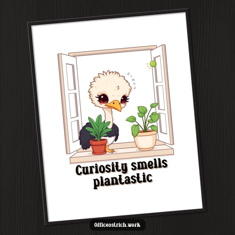 Funny Free Printable Ostrich Wall Art: A curious ostrich sniffing a potted plant, downloadable art for a quirky, humorous vibe.