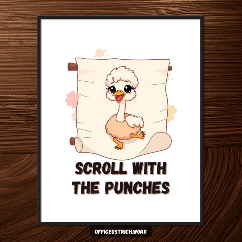 Funny Free Printable Wall Art: Ostrich gleefully sliding down a large abstract paper scroll, capturing motion and joy.