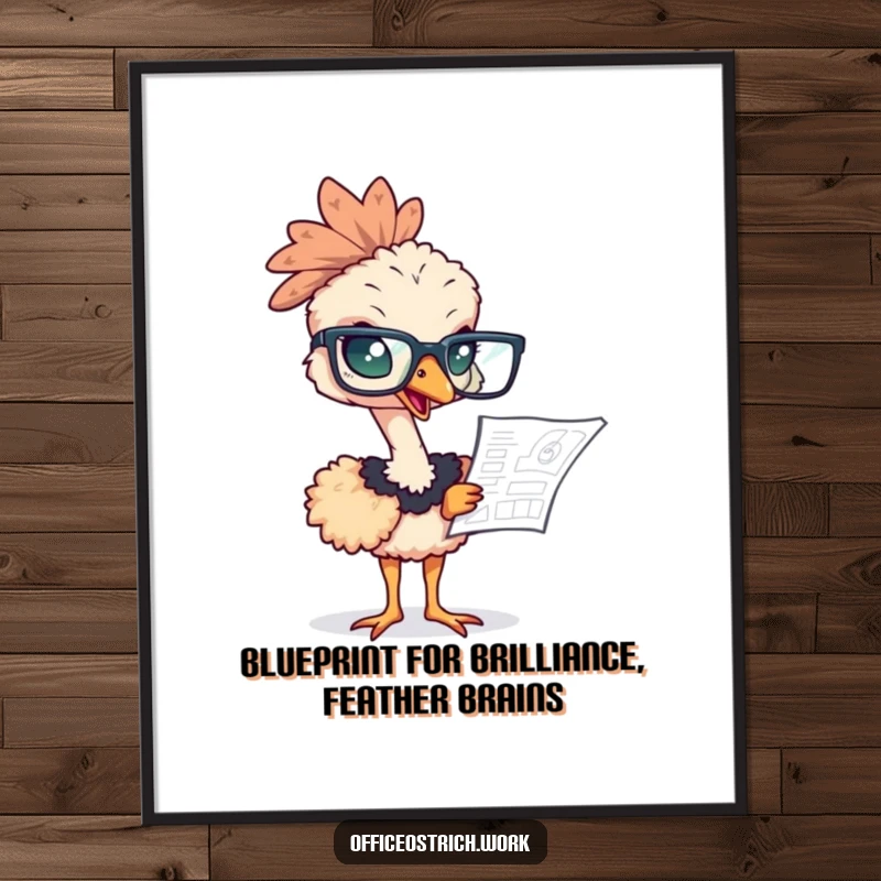 Funny Free Printable Wall Art of an ostrich wearing oversized glasses, engrossed in studying a detailed blueprint.