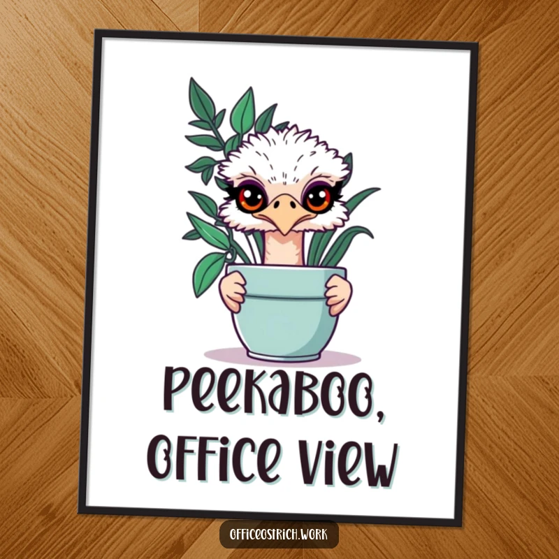 Funny Free Printable Wall Art of an ostrich with mischievous eyes peeking from behind a lush potted plant.